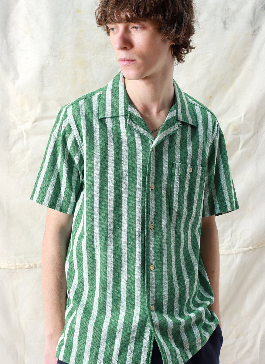 Far Afield Selleck Shirt - Dobby Stripe Tropical Green – White