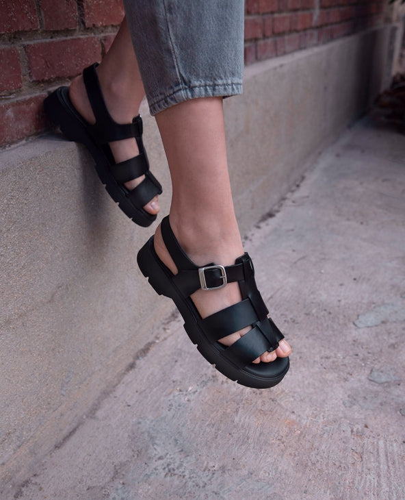 Kleman Leather Ballast Black Strappy Sandals