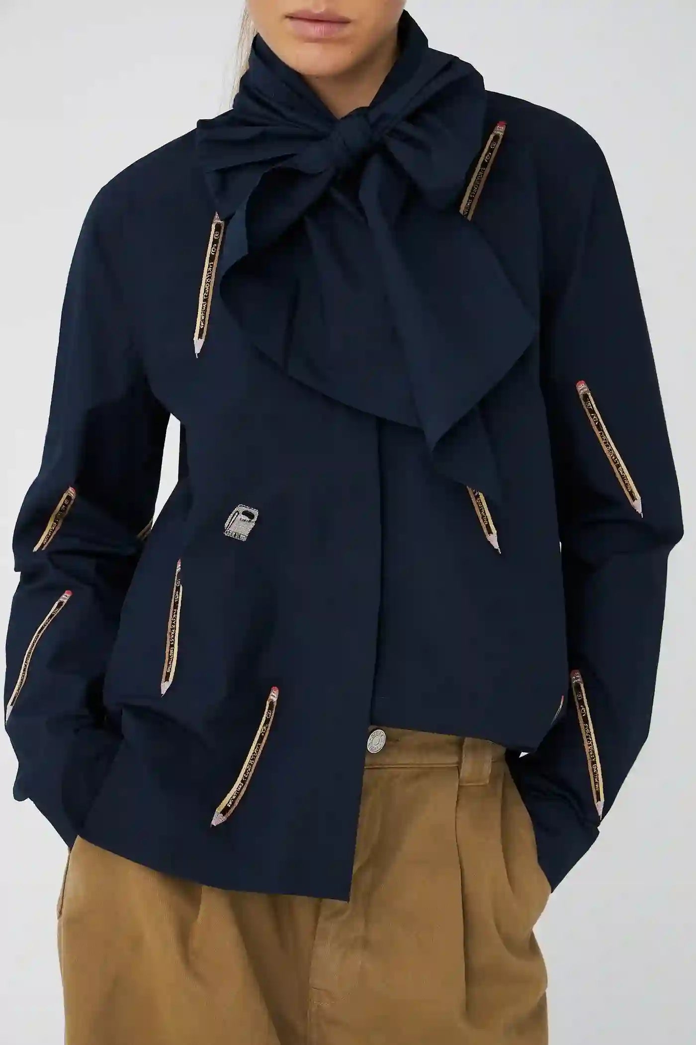 Stella Nova Embroidered Cotton Bow Shirt - Navy