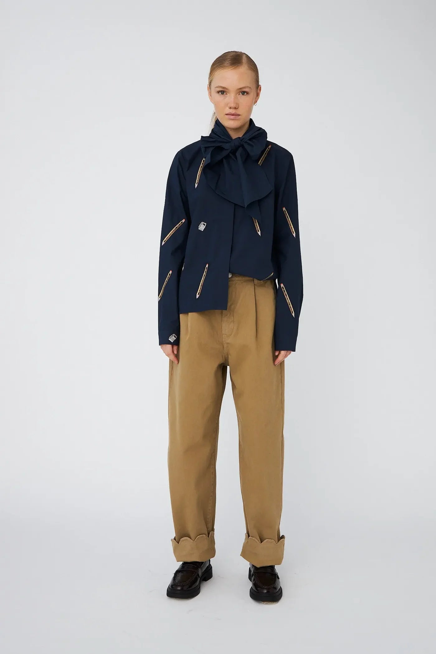 Stella Nova Embroidered Cotton Bow Shirt - Navy