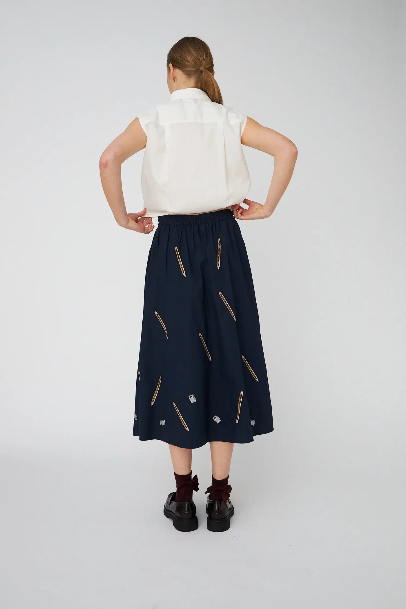 Stella Nova embroidered Cotton Midi Skirt - Navy