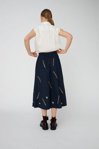 Stella Nova embroidered Cotton Midi Skirt - Navy