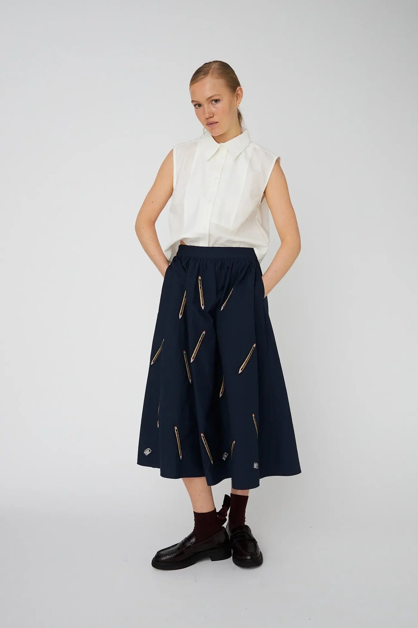 Stella Nova embroidered Cotton Midi Skirt - Navy