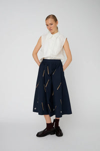 Stella Nova embroidered Cotton Midi Skirt - Navy