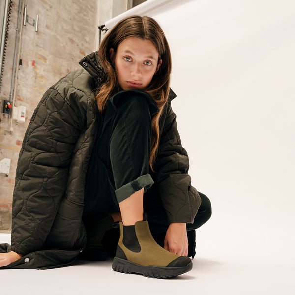 Woden Magda Rubber Track Boot Dark Olive Black White Feather